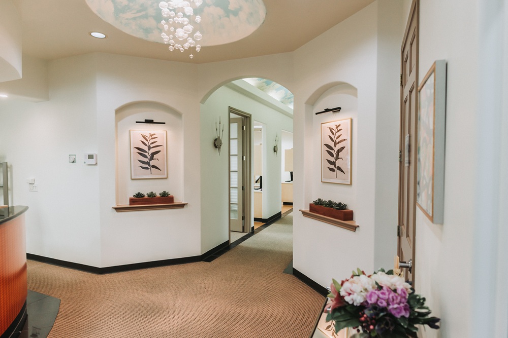 Hallway with art pieces on the wall